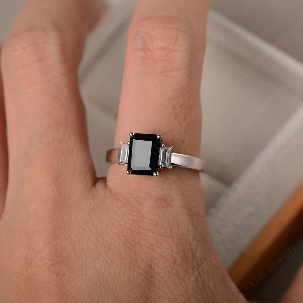 Emerald Cut Black Spinel Ring with Baguettes - Image 4
