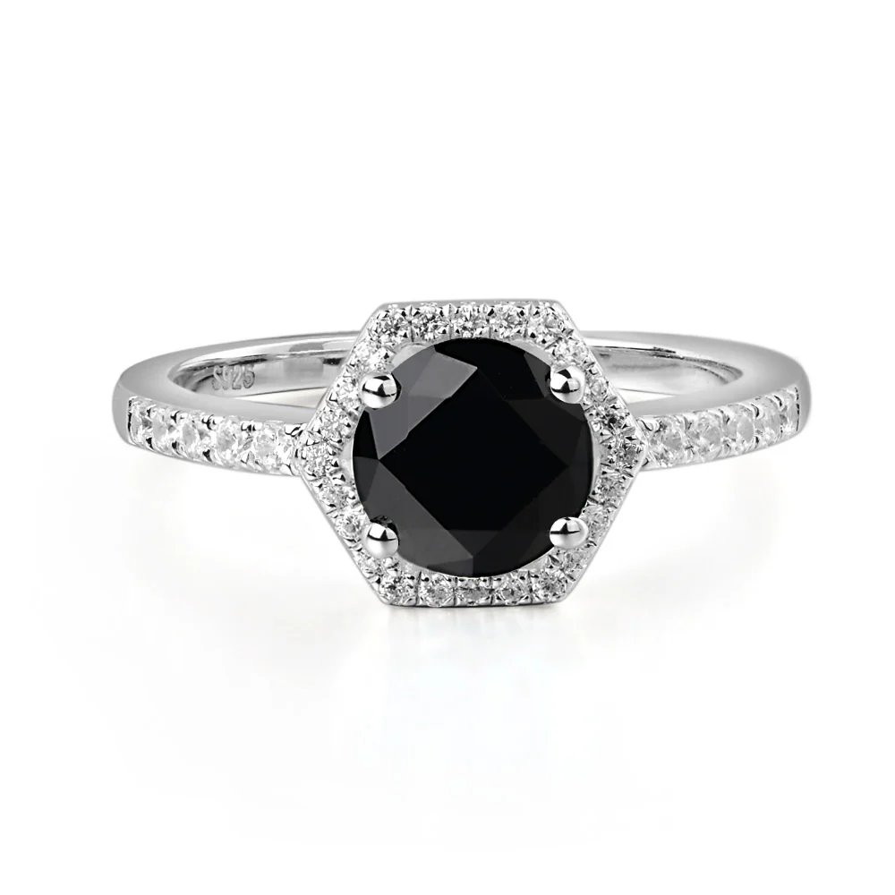 Black Spinel Hexagon Halo Engagement Ring