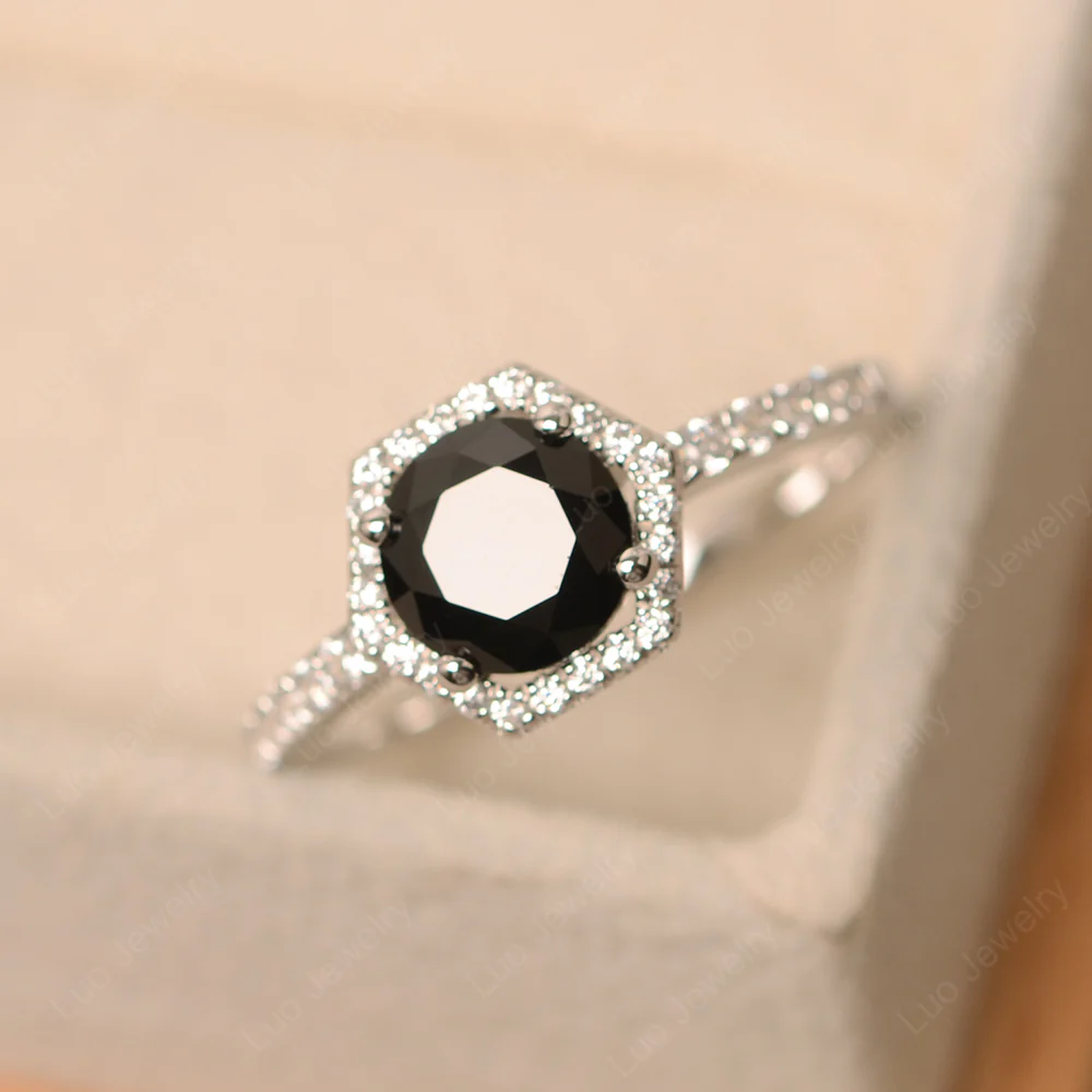 Black Spinel Hexagon Halo Engagement Ring - Image 2