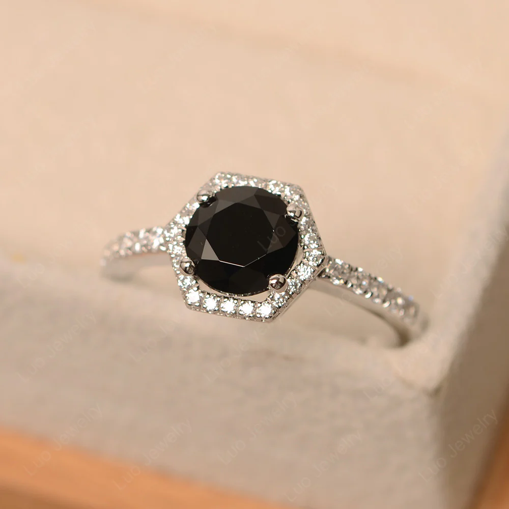 Black Spinel Hexagon Halo Engagement Ring - Image 3
