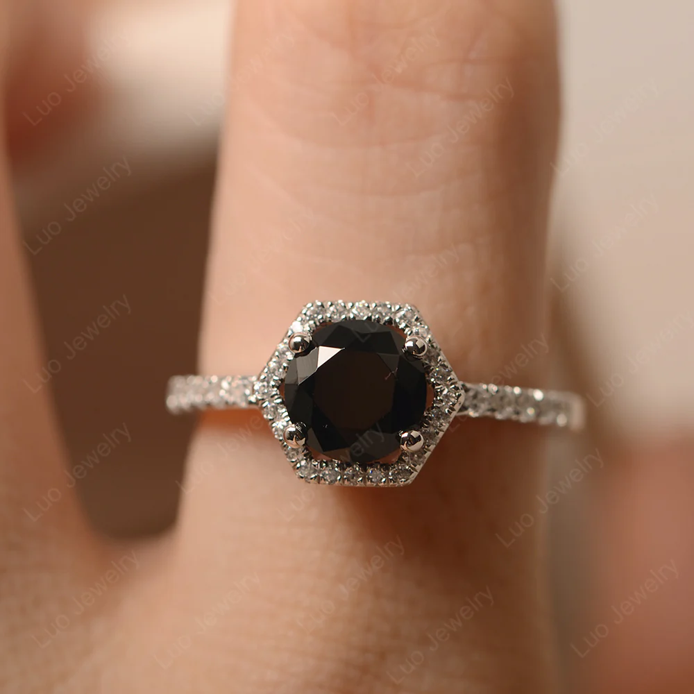 Black Spinel Hexagon Halo Engagement Ring - Image 6