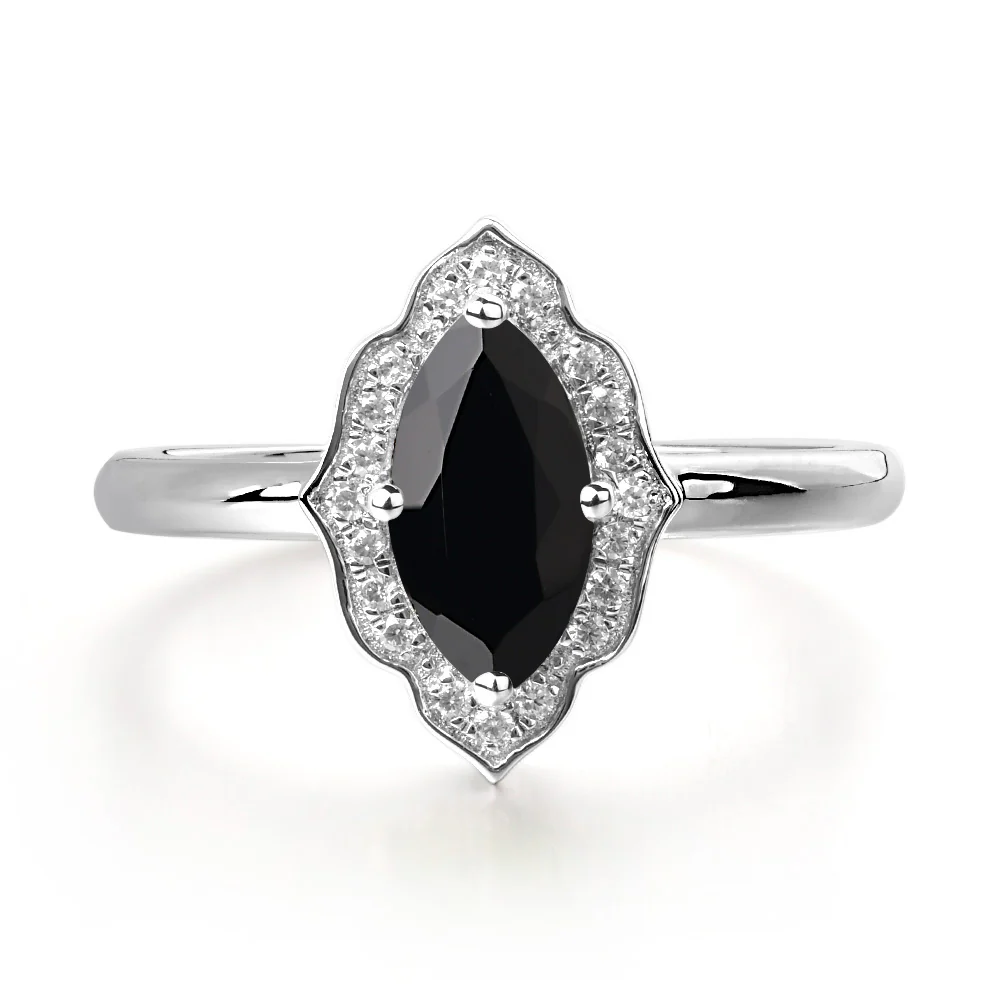Marquise Cut Black Spinel Halo Engagement Ring