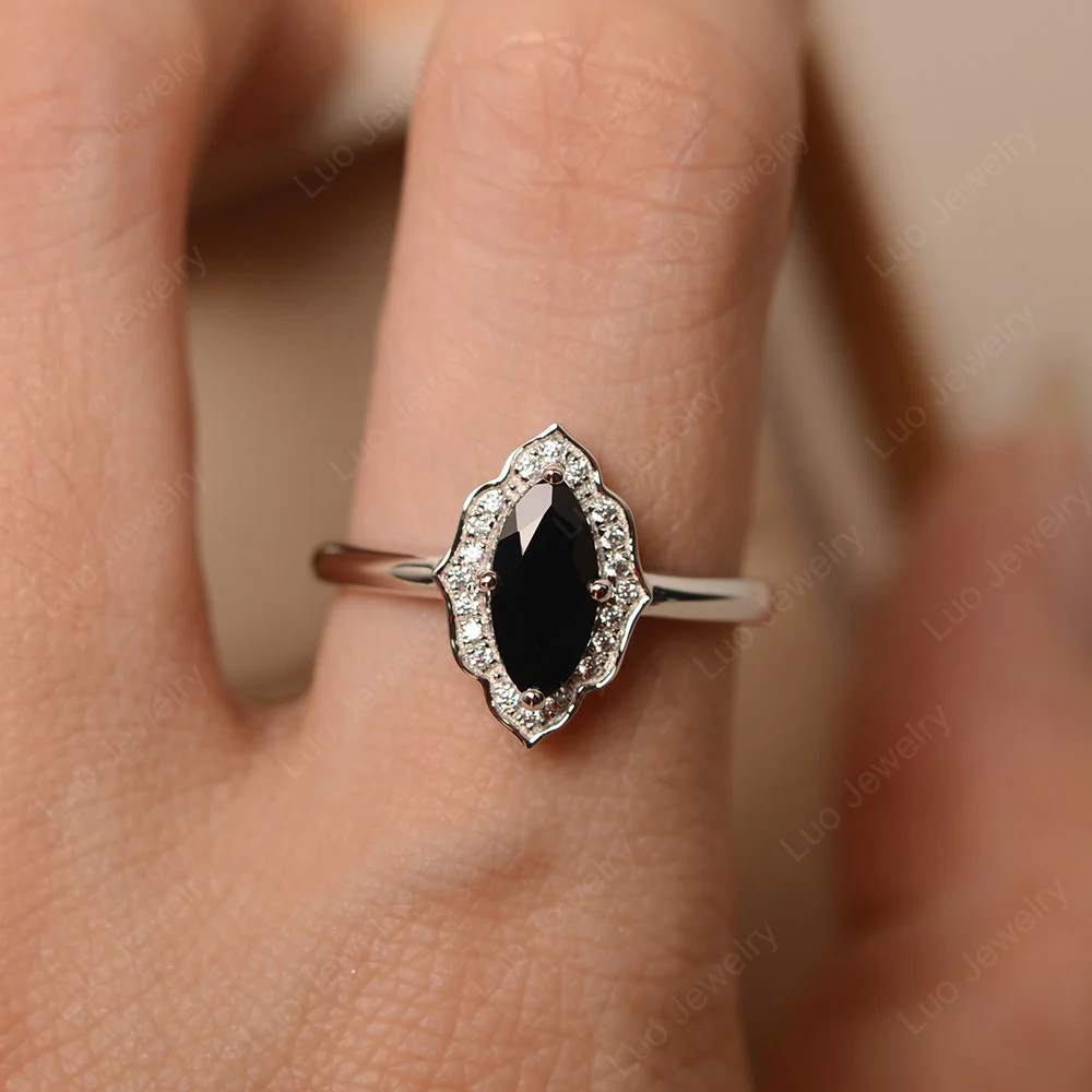 Marquise Cut Black Spinel Halo Engagement Ring - Image 6