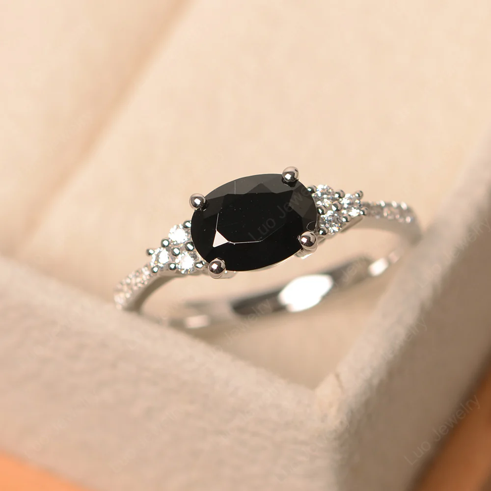 Horizontal Oval Cut Black Spinel Engagement Ring