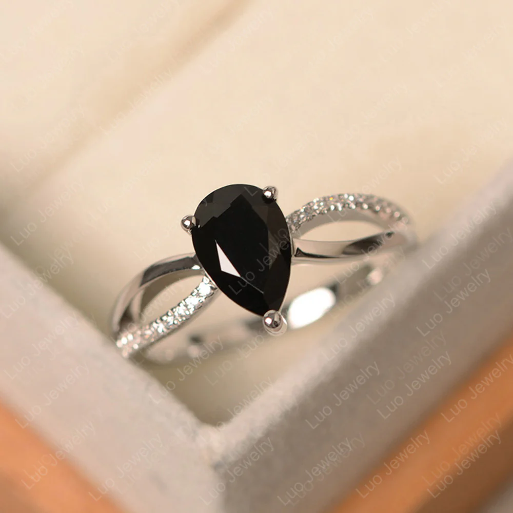 Pear Shaped Black Spinel Ring Split Shank