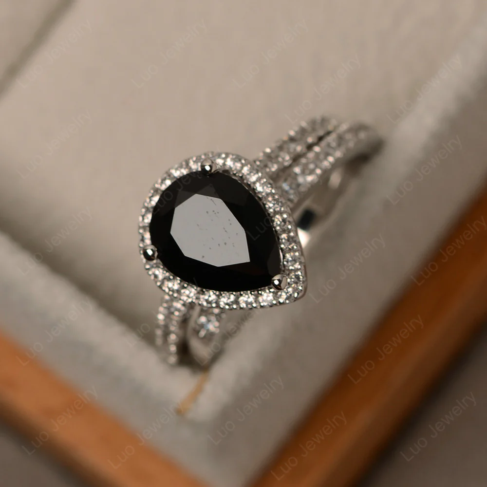 Black Spinel Pear Shaped Engagement Ring Set - Image 2