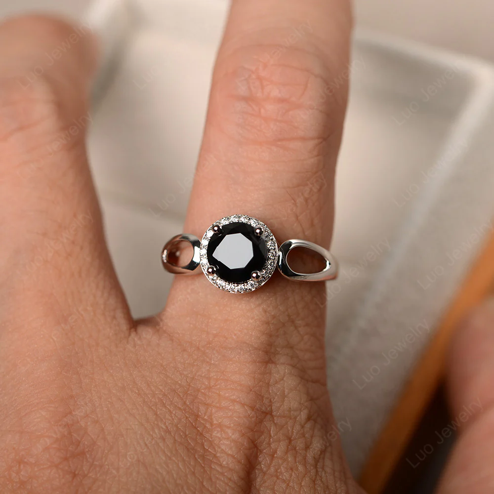 Black Spinel Halo Engagement Ring Split Shank - Image 4
