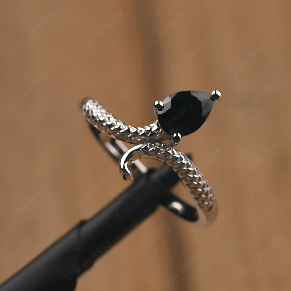 Pear Shaped Black Spinel Snake Ring - Image 2