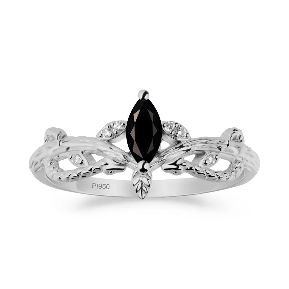 Black Spinel Snake Ring with Tree Texture and Leaf