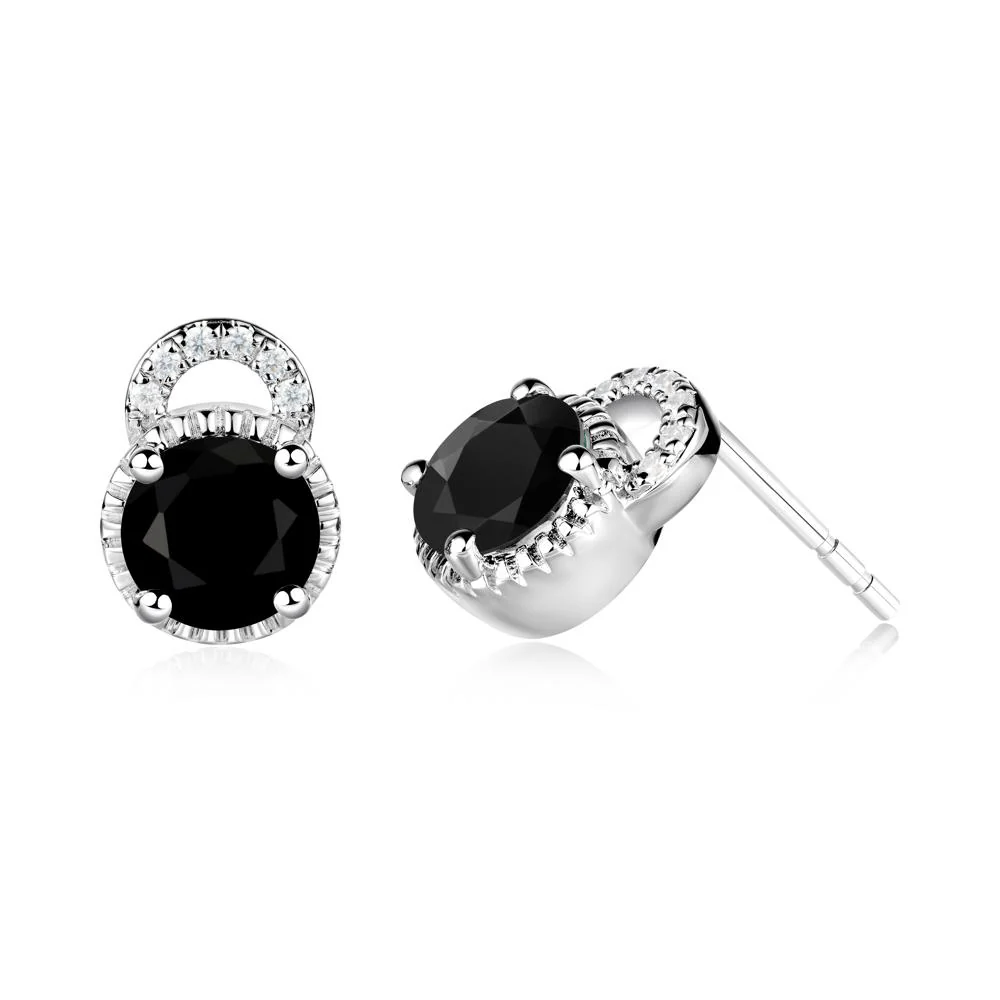 Black Spinel Stud Earrings with Decorative Halo - Image 7