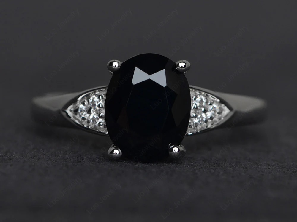 Simple Oval Cut Black Spinel Engagement Ring