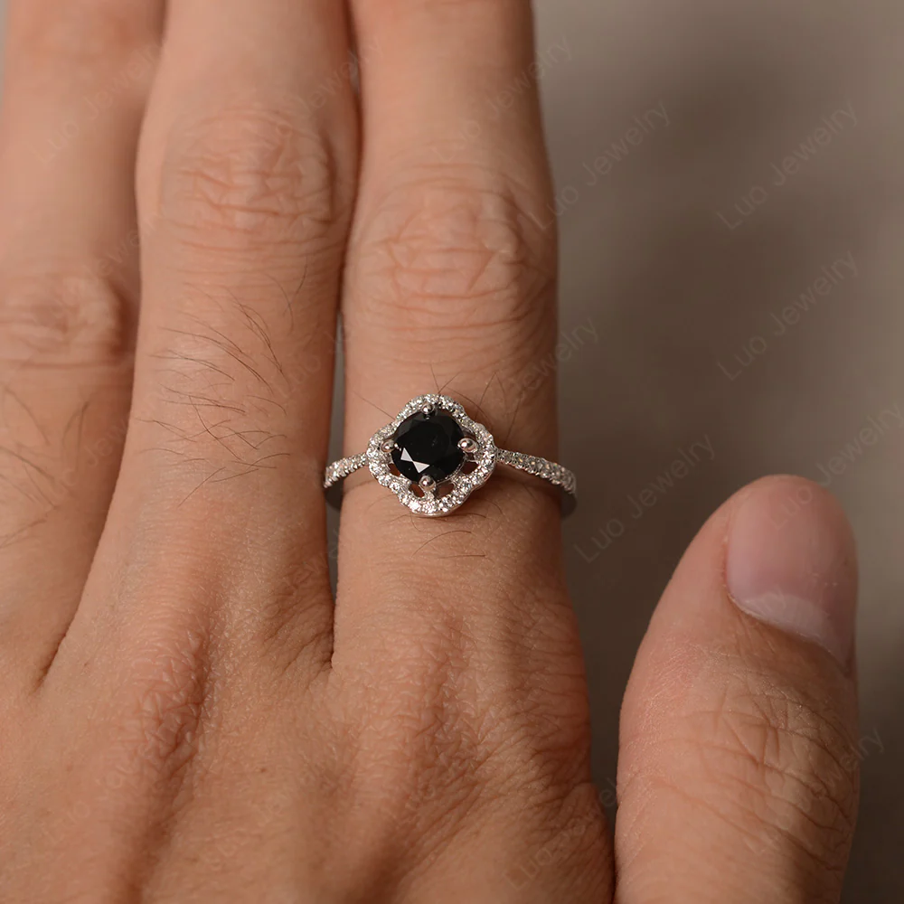 Black Spinel Halo Flower Engagement Ring - Image 3