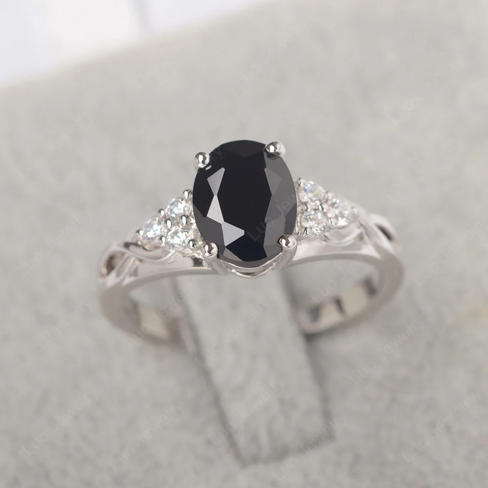 Oval Black Spinel Twist Engagement Ring