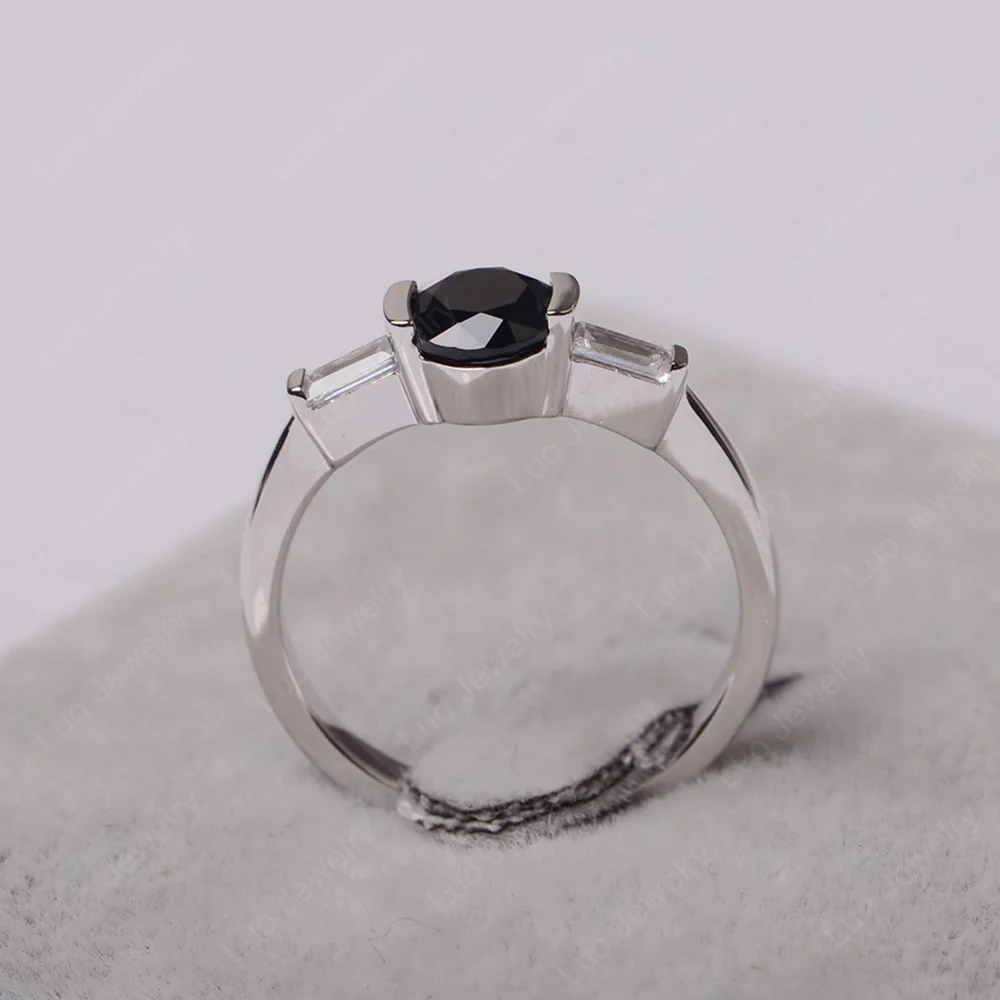 Black Spinel Ring Round Cut with Baguette Side - Image 3