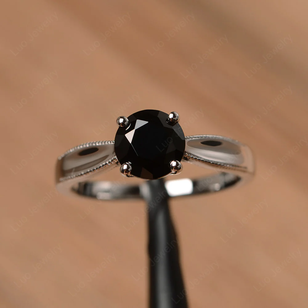 Black Spinel Solitaire Milgrain Engagement Ring