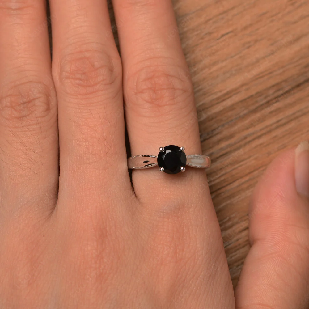 Black Spinel Solitaire Milgrain Engagement Ring - Image 3