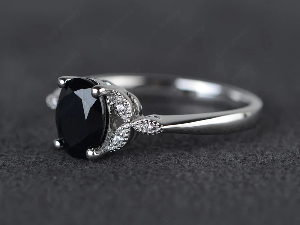 Oval Black Spinel Leaf Engagement Ring - Image 2