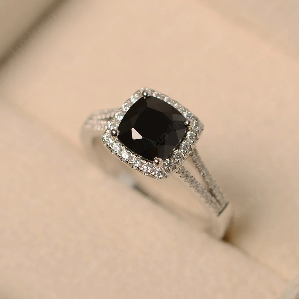 Black Spinel Cushion Cut Halo Engagement Ring - Image 2