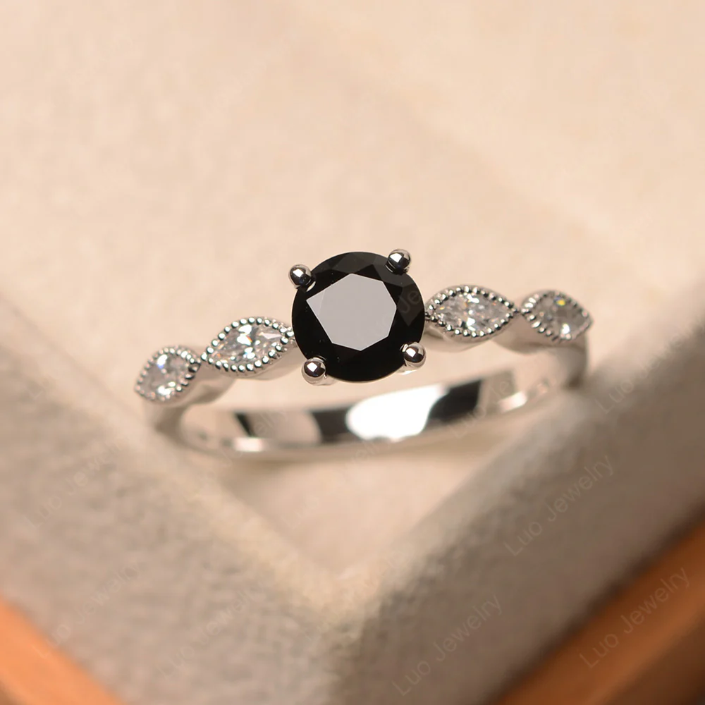Black Spinel Milgrain Vintage Inspired Ring