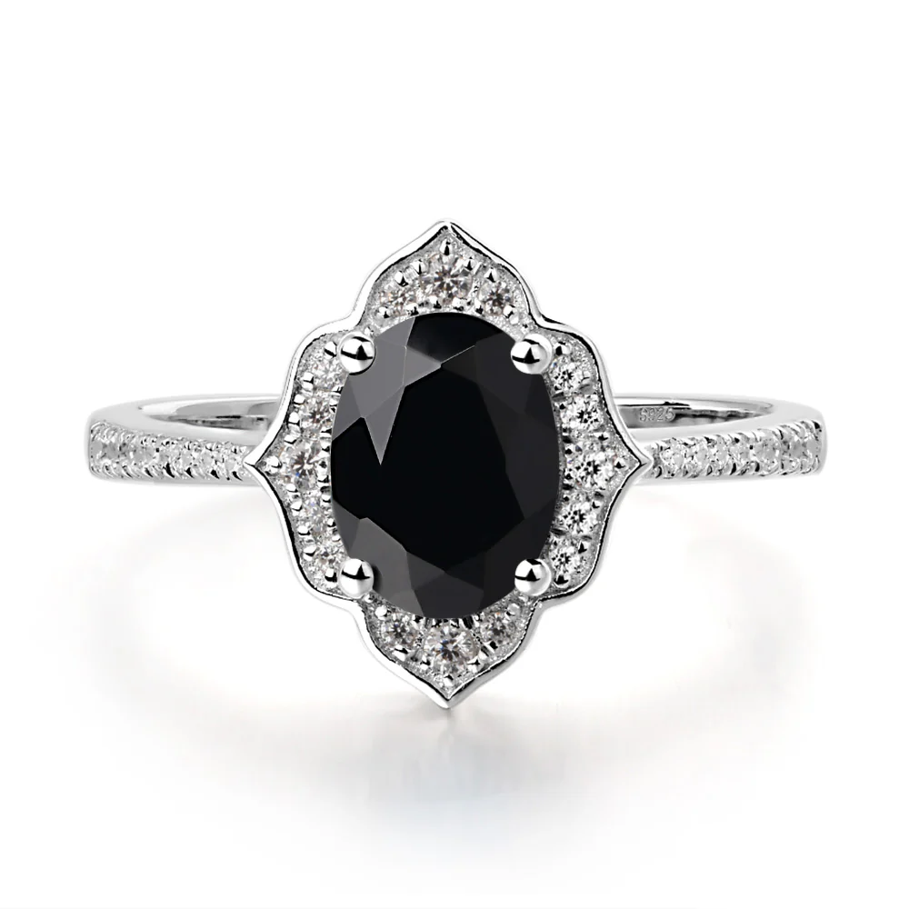 Oval Black Spinel Floral Halo Engagement Ring