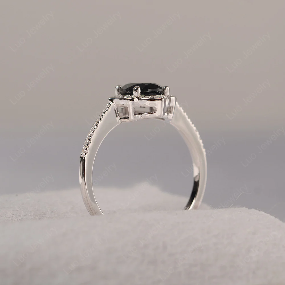 Oval Black Spinel Floral Halo Engagement Ring - Image 5