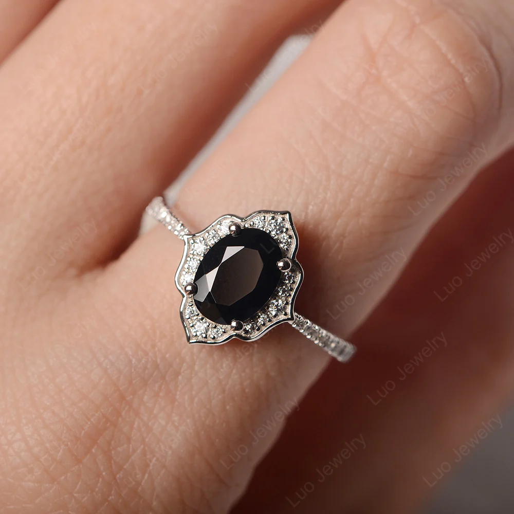Oval Black Spinel Floral Halo Engagement Ring - Image 6