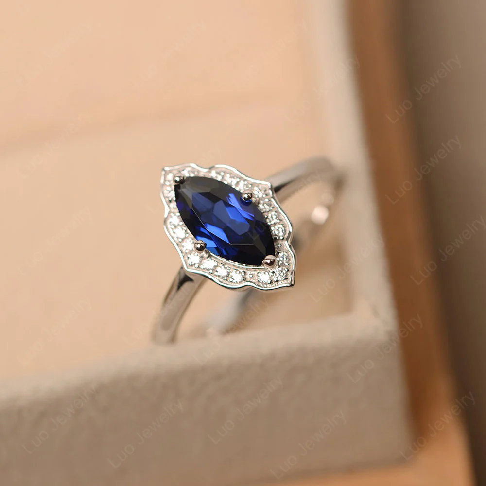 Marquise Cut Sapphire Halo Engagement Ring - Image 3