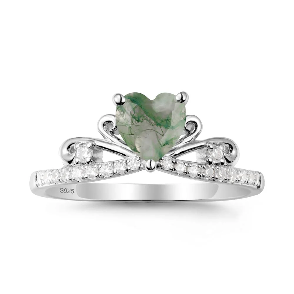 Bowknot Heart Shaped Moss Agate Promise Ring - Image 9