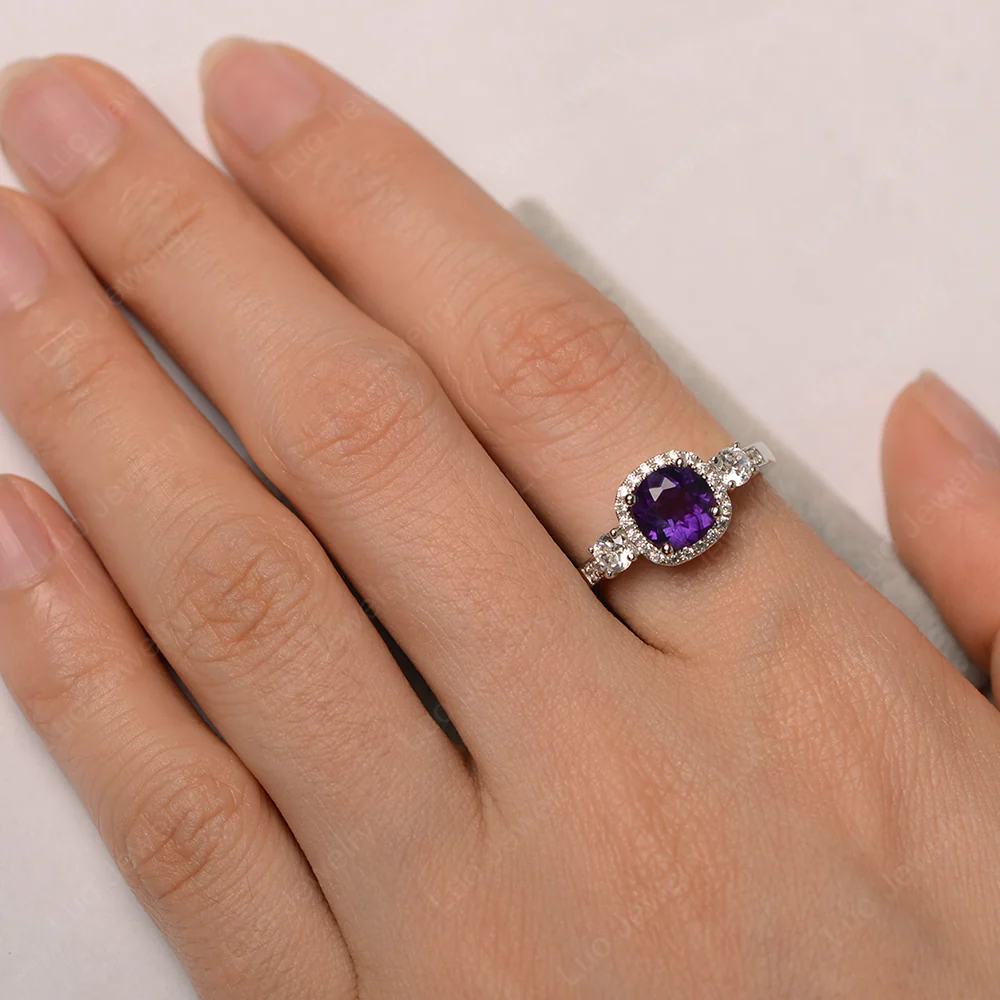 Brilliant Cut Amethyst Halo Engagement Ring - Image 5