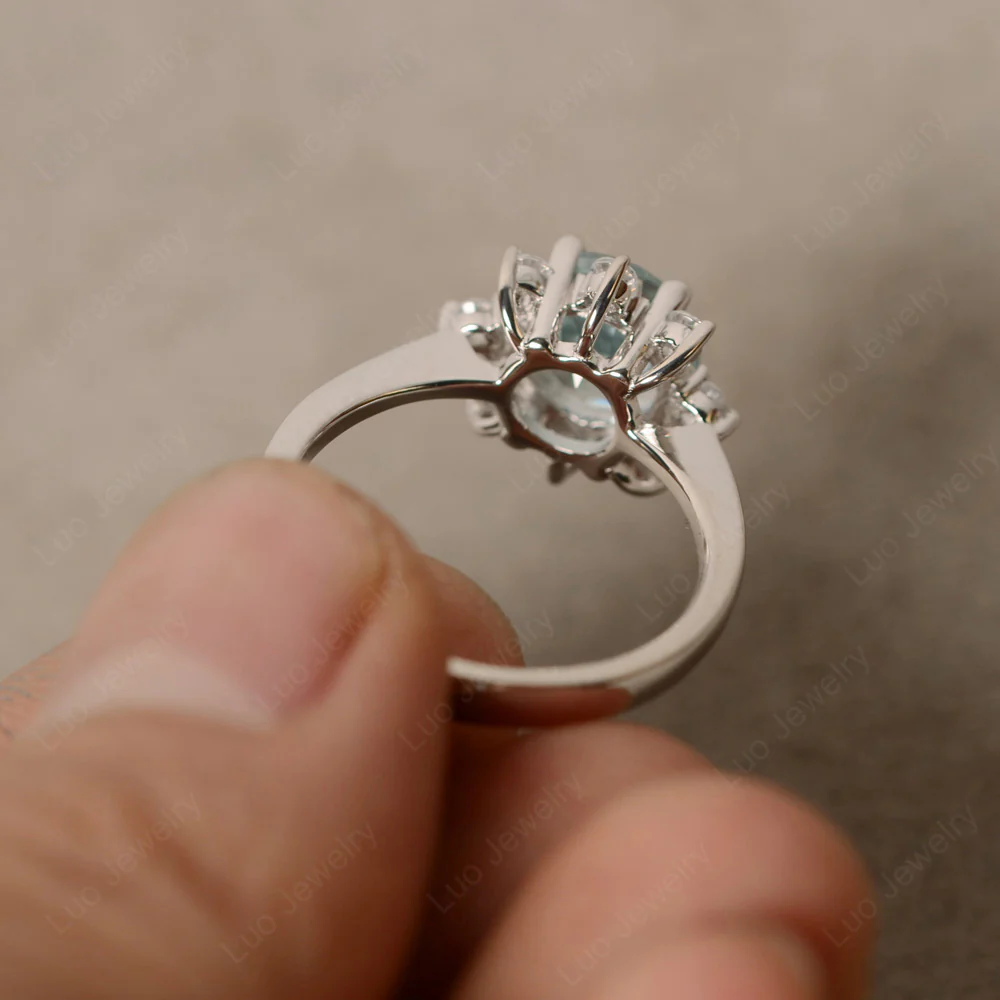 Aquamarine Sunburst Halo Engagement Ring - Image 3