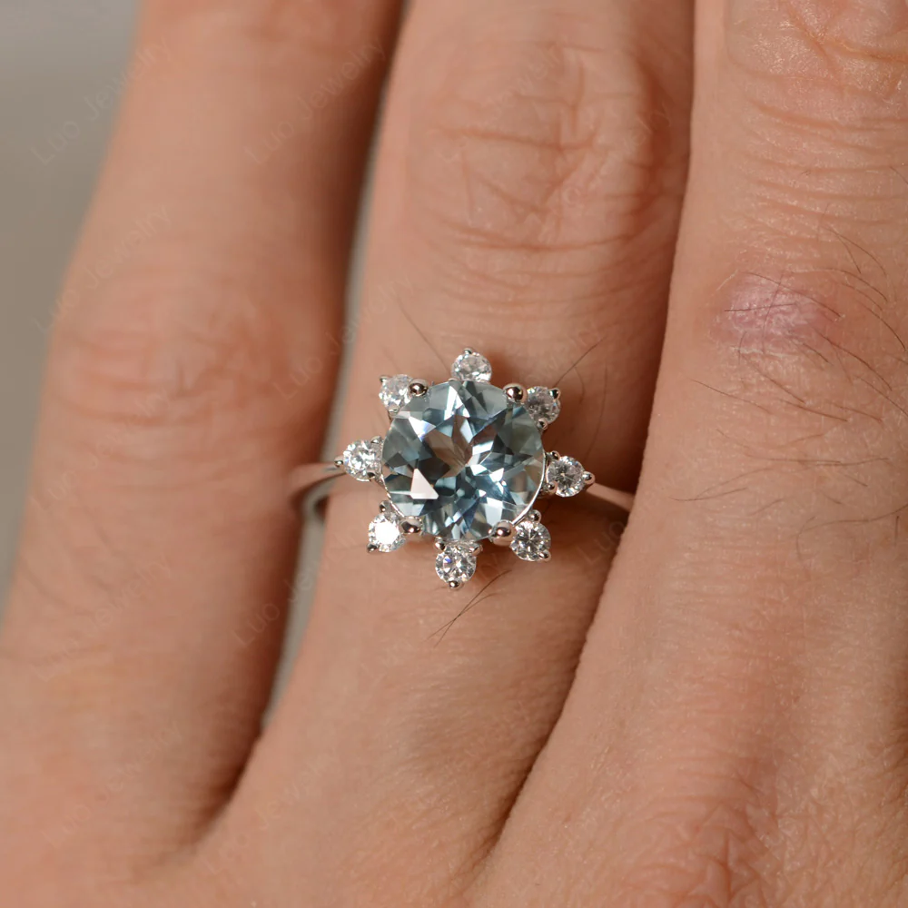 Aquamarine Sunburst Halo Engagement Ring - Image 4