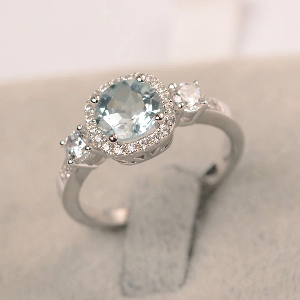 Brilliant Cut Aquamarine Halo Engagement Ring - Image 2