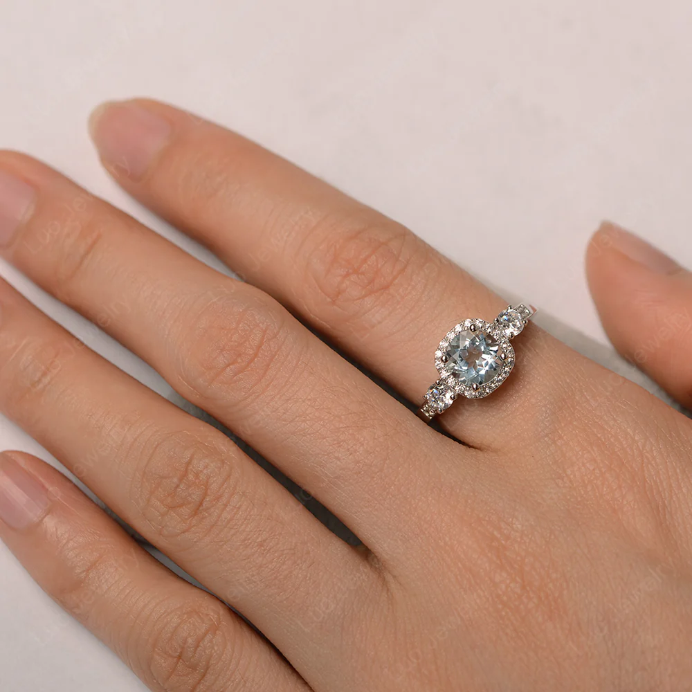 Brilliant Cut Aquamarine Halo Engagement Ring - Image 4