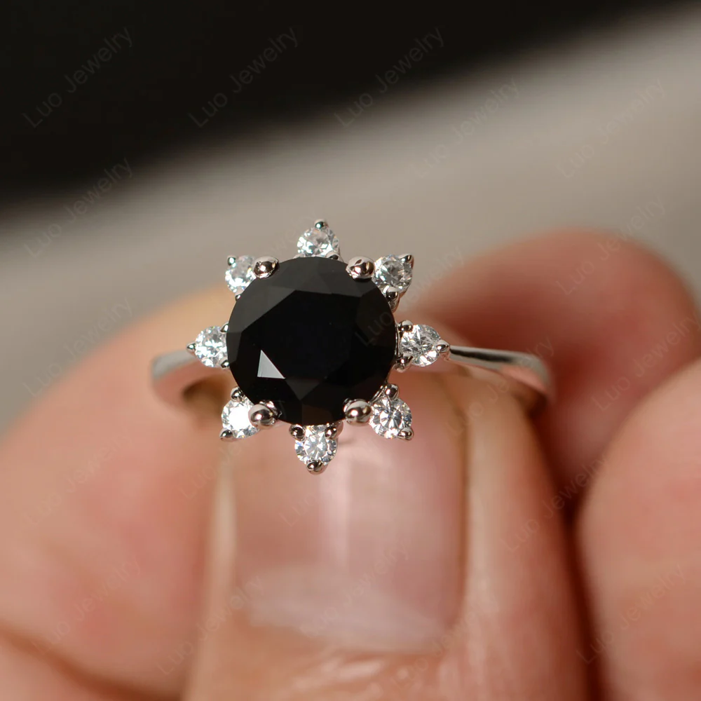 Black Spinel Sunburst Halo Engagement Ring - Image 2