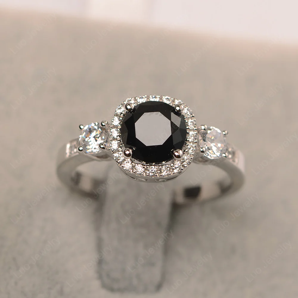 Brilliant Cut Black Spinel Halo Engagement Ring - Image 2
