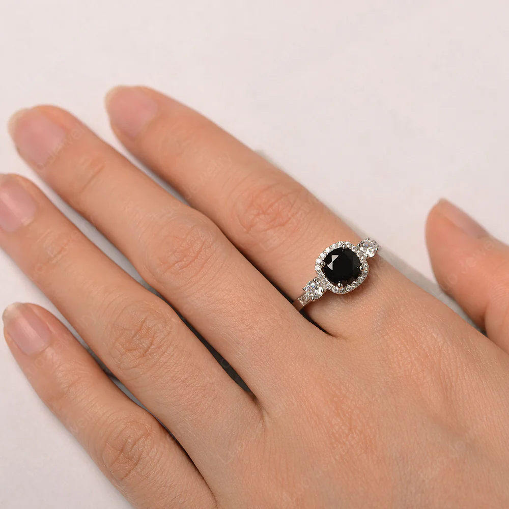 Brilliant Cut Black Spinel Halo Engagement Ring - Image 5