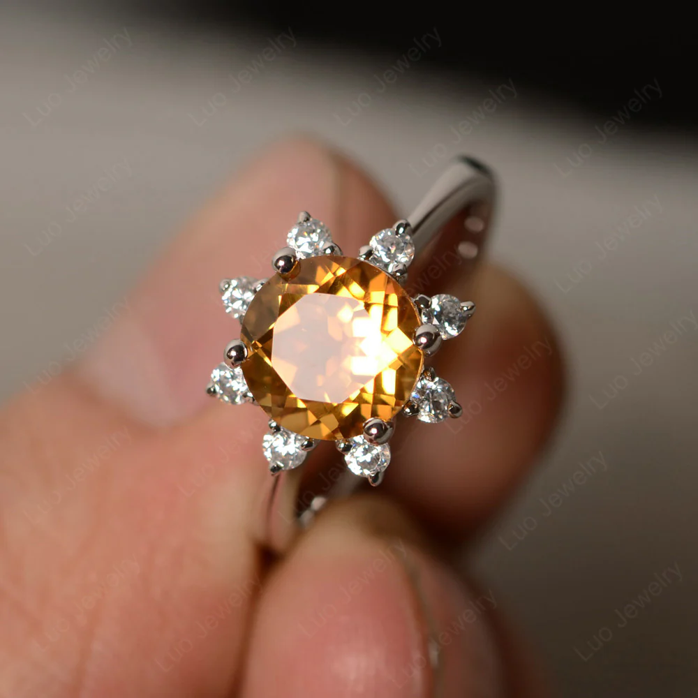 Citrine Sunburst Halo Engagement Ring
