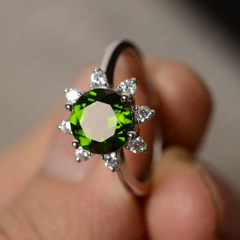 Diopside Sunburst Halo Engagement Ring
