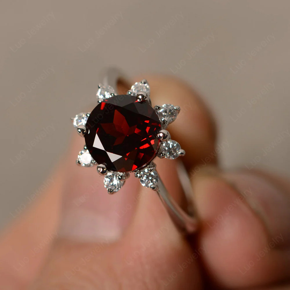 Garnet Sunburst Halo Engagement Ring