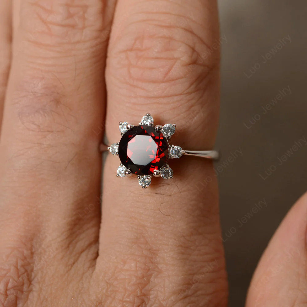 Garnet Sunburst Halo Engagement Ring - Image 5