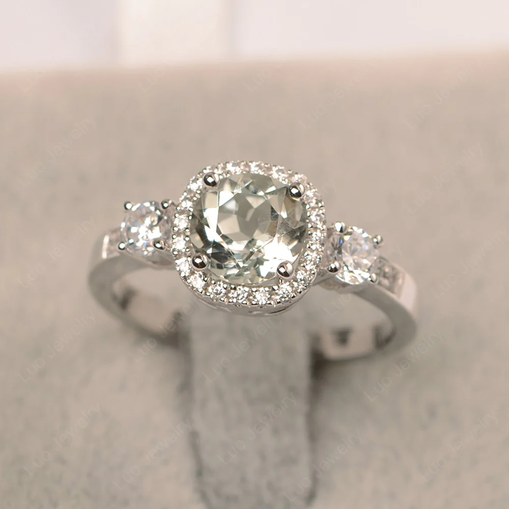 Brilliant Cut Green Amethyst Halo Engagement Ring