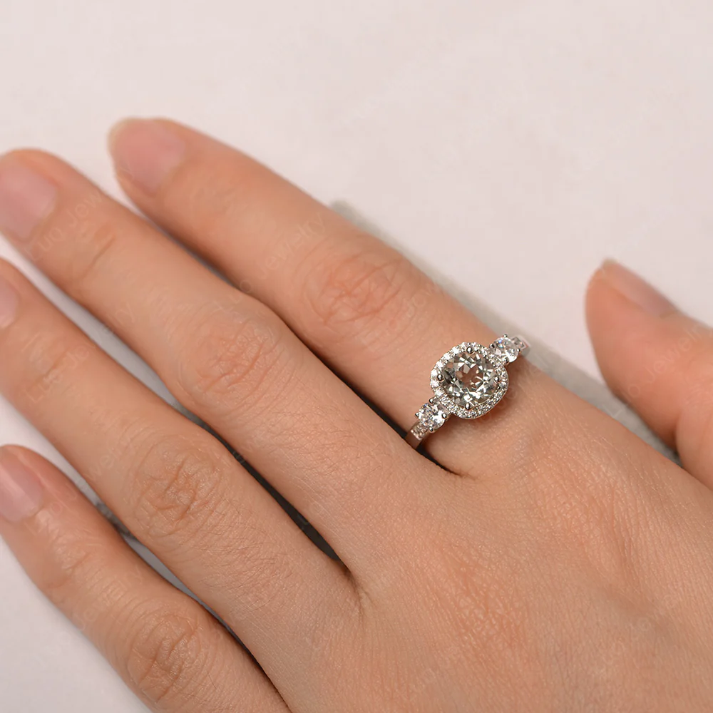 Brilliant Cut Green Amethyst Halo Engagement Ring - Image 4