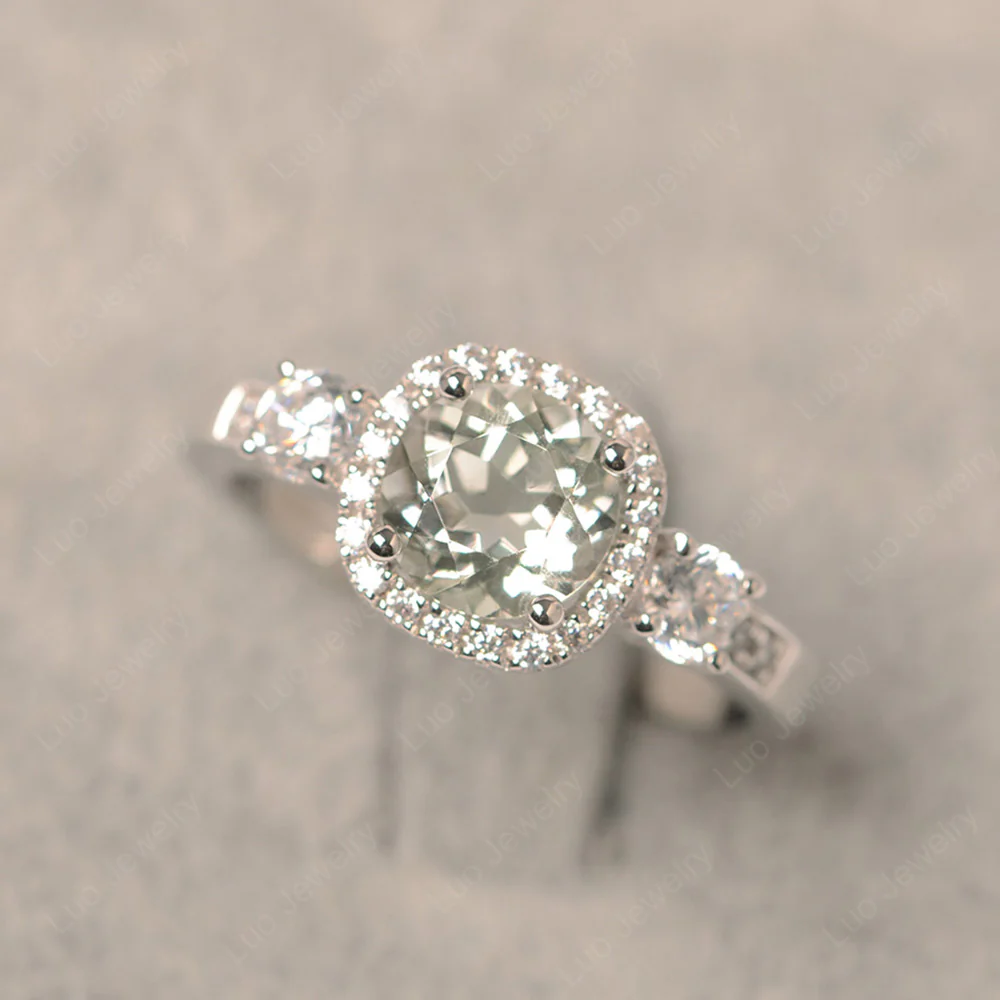 Brilliant Cut Green Amethyst Halo Engagement Ring - Image 5