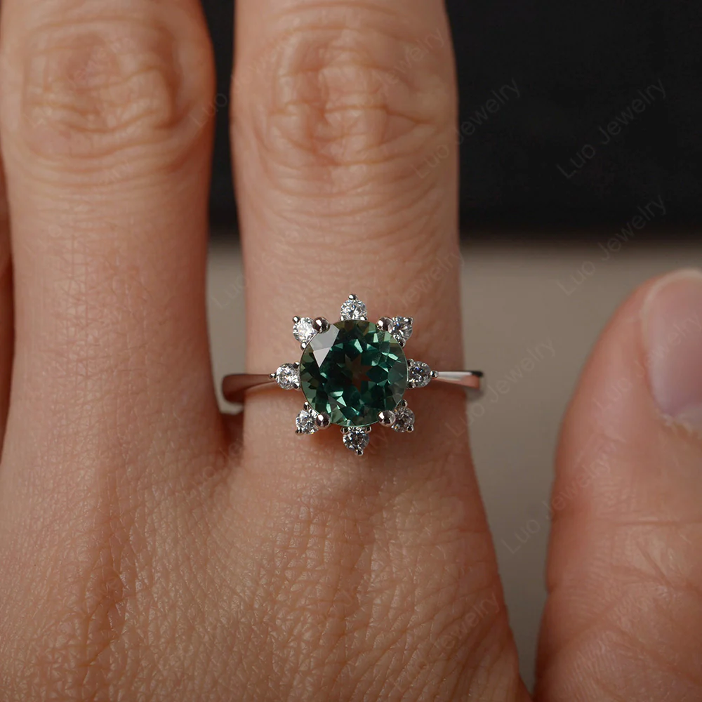Green Sapphire Sunburst Halo Engagement Ring - Image 4