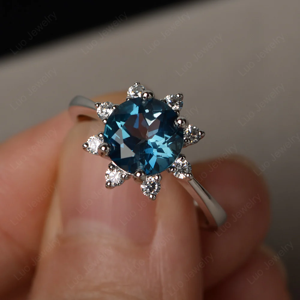 London Blue Topaz Sunburst Halo Engagement Ring