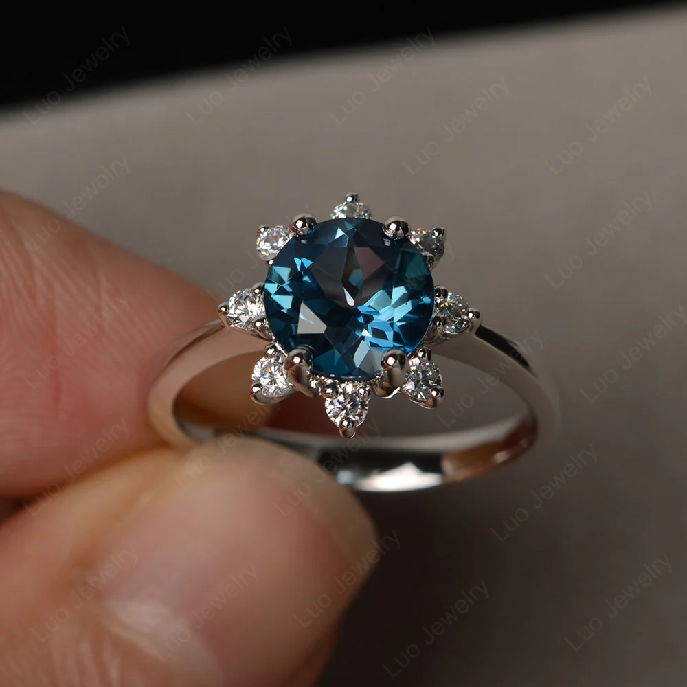 London Blue Topaz Sunburst Halo Engagement Ring - Image 2