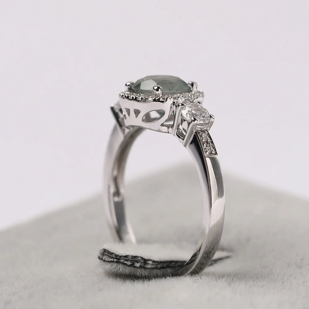 Brilliant Cut Moss Agate Halo Engagement Ring - Image 3