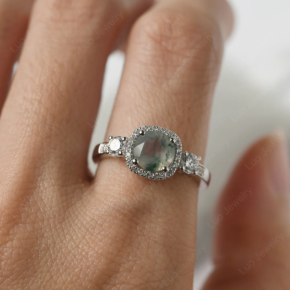 Brilliant Cut Moss Agate Halo Engagement Ring - Image 4