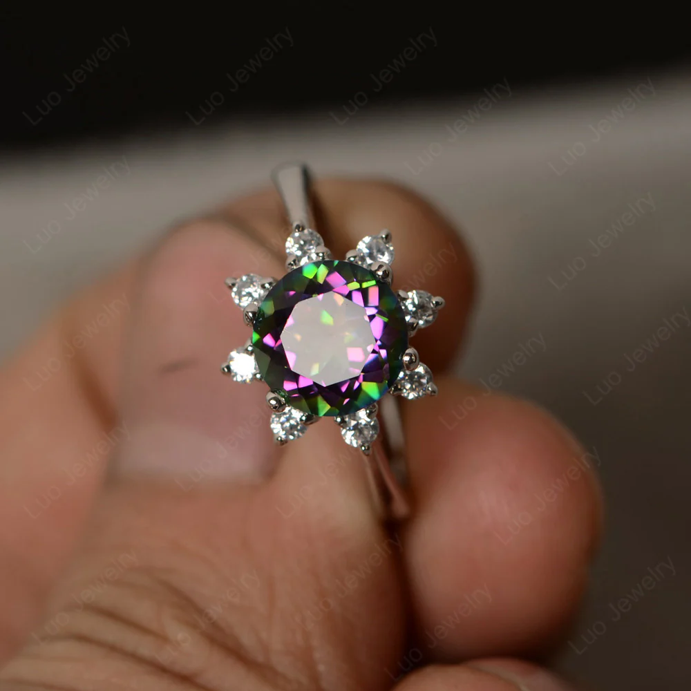 Mystic Topaz Sunburst Halo Engagement Ring