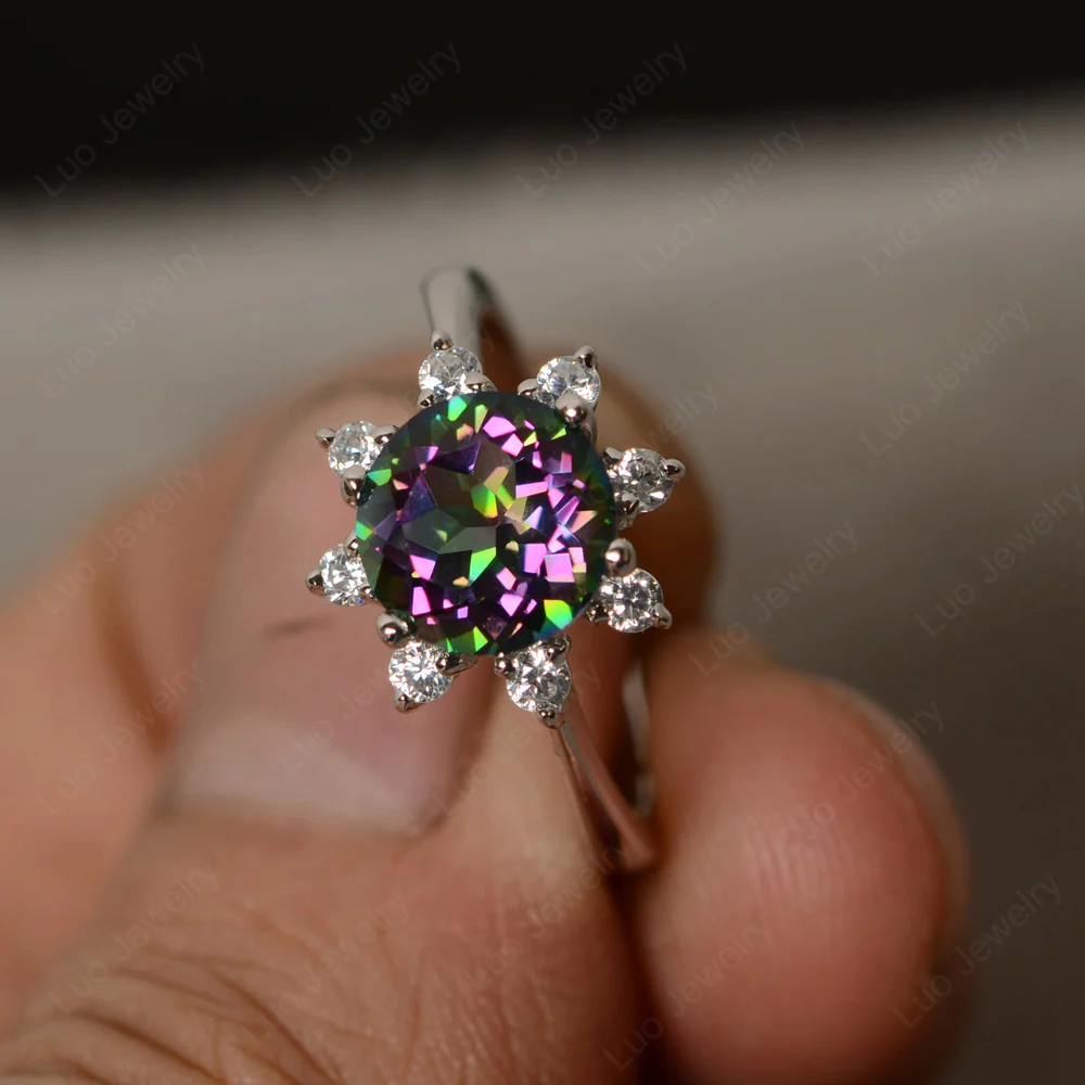 Mystic Topaz Sunburst Halo Engagement Ring - Image 2